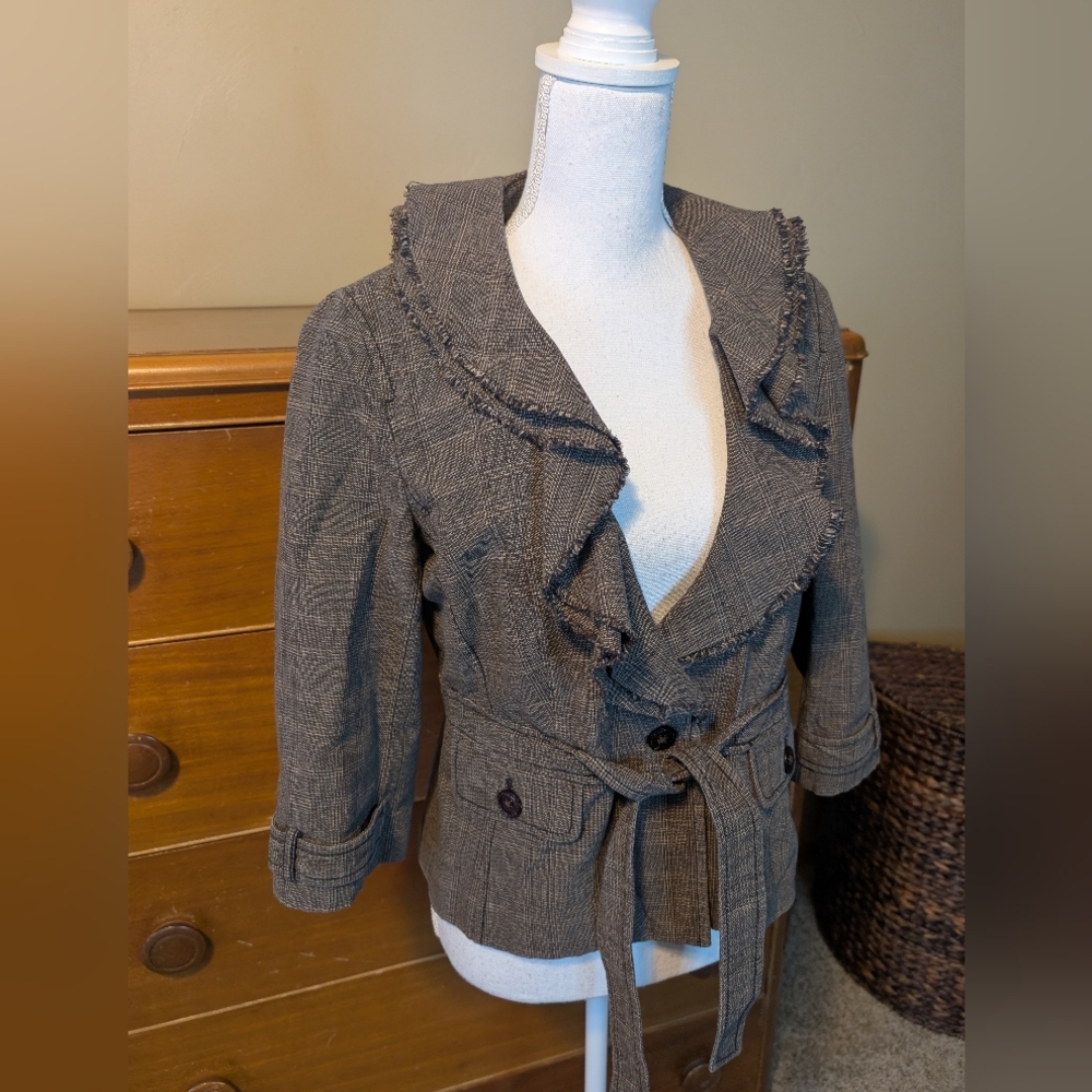 Anne Taylor LOFT Brown Tan Italian Tweed Belted Blazer Jacket SZ 6 - Picture 2 of 14